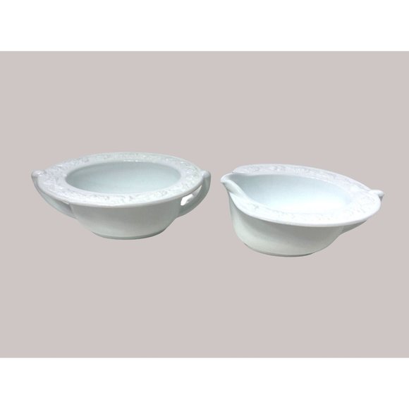 Anchor Hocking Vitrock Oval Floral Rim Milk Glass Cream and Sugar Set 1930's - Picture 2 of 5